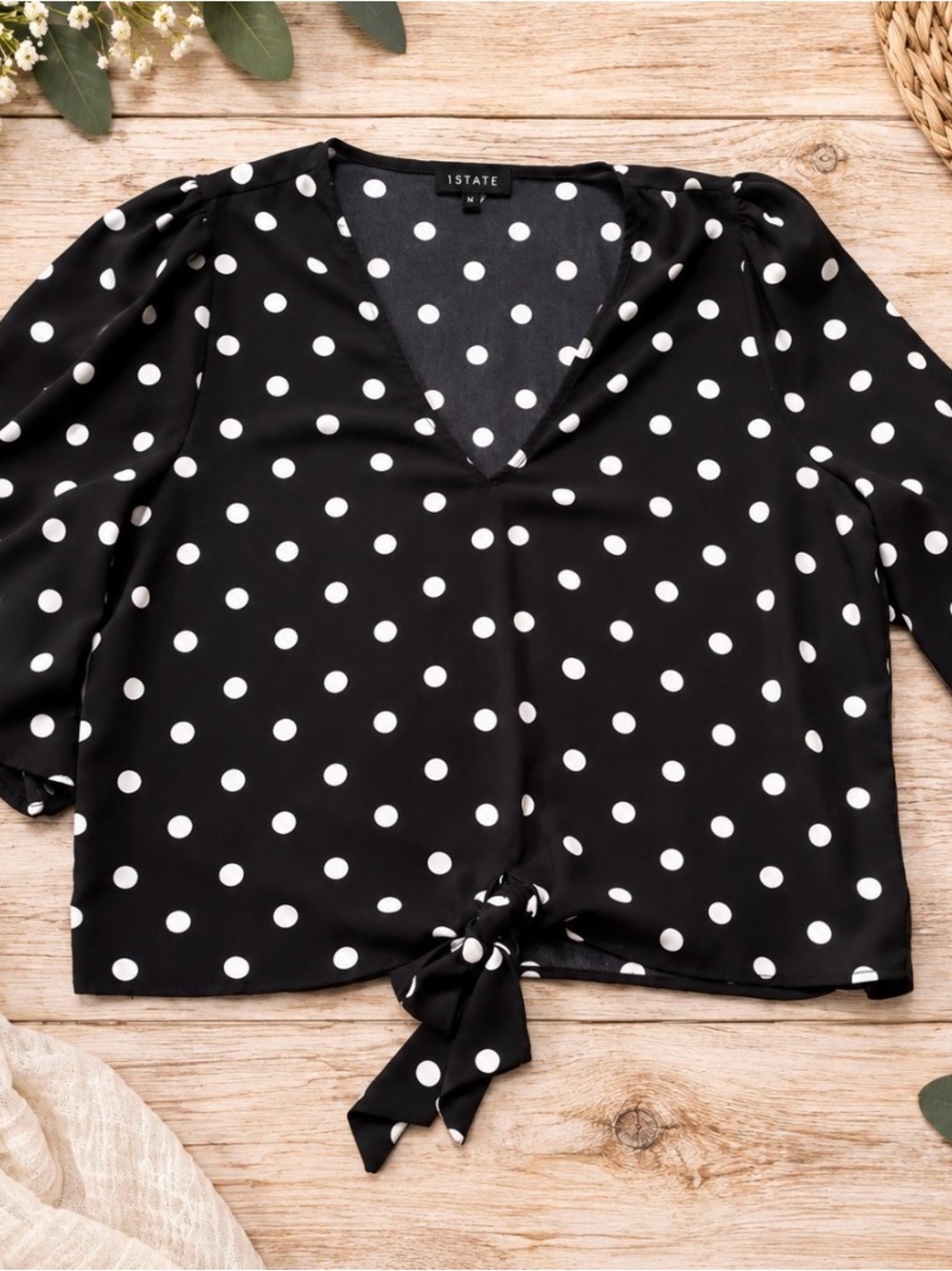 STATE Black & White Polka Dot Tie-Front V-Neck Top bell sleeves
